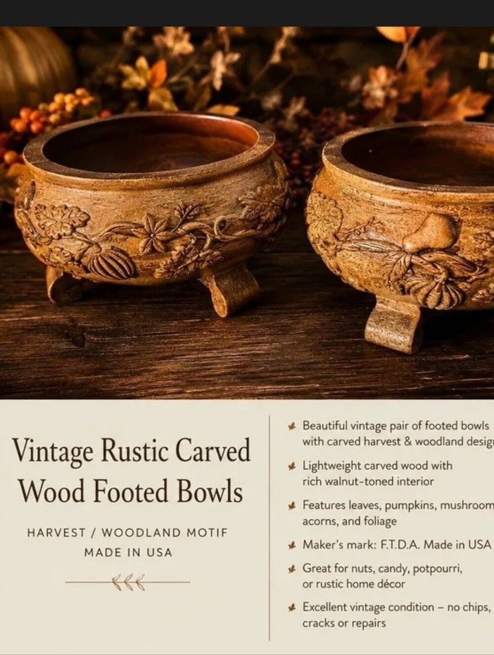 Vintage Rustic Carved Wood Footed Bowls Set Woodland Harvest Cottagecore USA